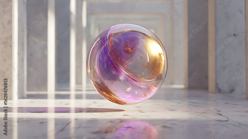 Poster abstract 3d render of a glass sphere in a bright hallway with marble walls and floor, creating a cle