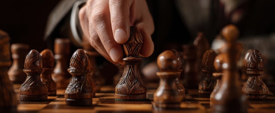 The hand moves the queen in an intense chess game setting.
