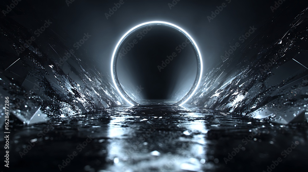 Poster futuristic abstract background with a glowing neon circle in a dark tunnel, creating a scifi and mod
