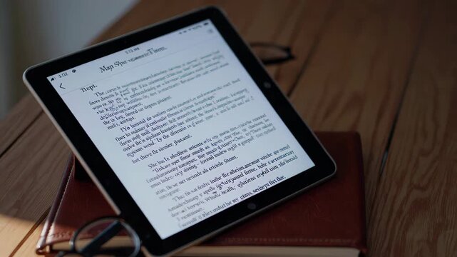 E-book reader on wooden table with text visible on screen in natural light. Concept of modern reading