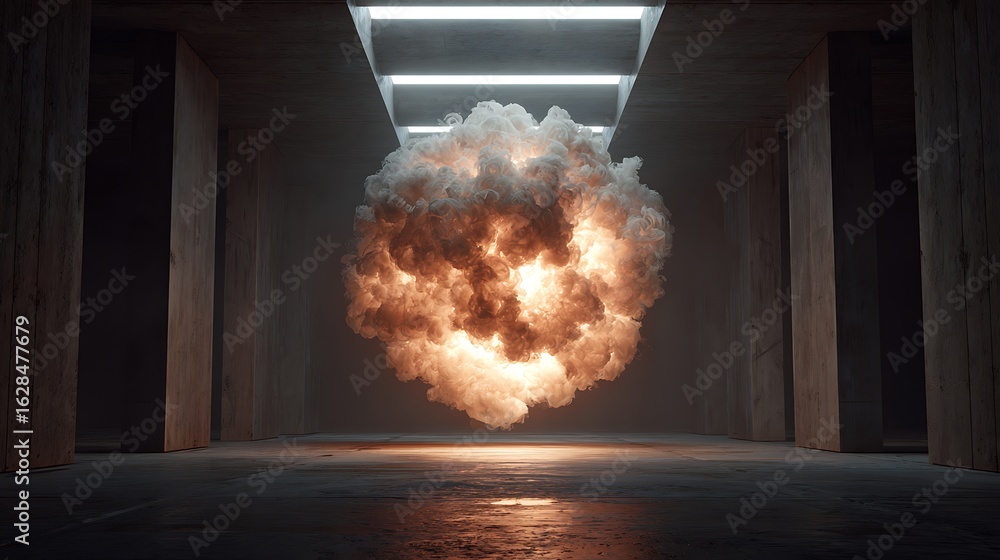 Poster abstract cloud of smoke in a concrete room, a surreal and dramatic scene with light and shadow, crea