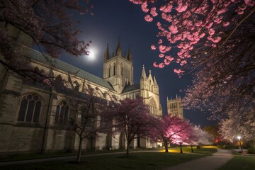Cathedral illuminated at night with cherry blossoms and a full moon in the dark blue sky above it