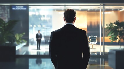 Corporate figure wearing a suit and tie in a modern workspace