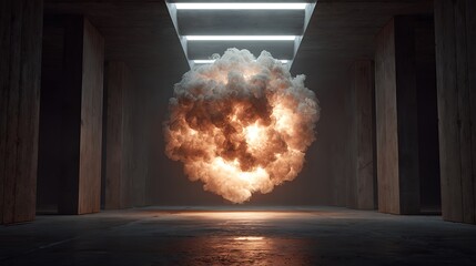 Abstract cloud of smoke in a concrete room, a surreal and dramatic scene with light and shadow, creating a mysterious and atmospheric backdrop