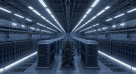 Immersive perspective inside a vast digital data center, highlighting rows of powerful network servers.