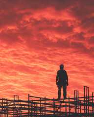 Fototapeta premium A lone worker stands on scaffolding against a striking red-orange sunset sky, creating a dramatic silhouette scene.