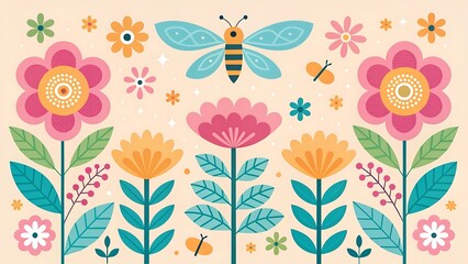Whimsical folk art style illustration featuring a vibrant butterfly amongst colorful stylized flowers and greenery
