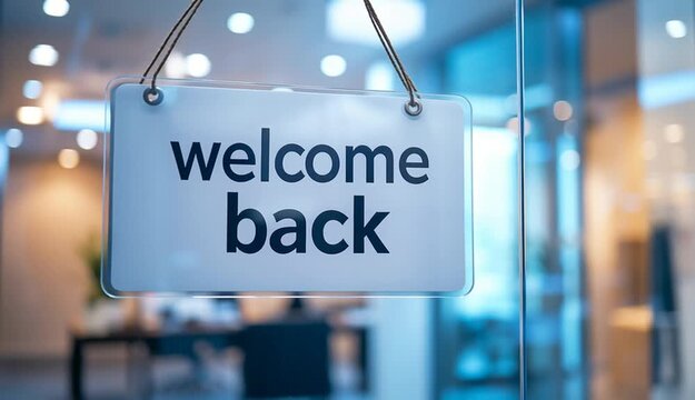 Text "welcome back" on hanging sign on glass office door, white bright lighting