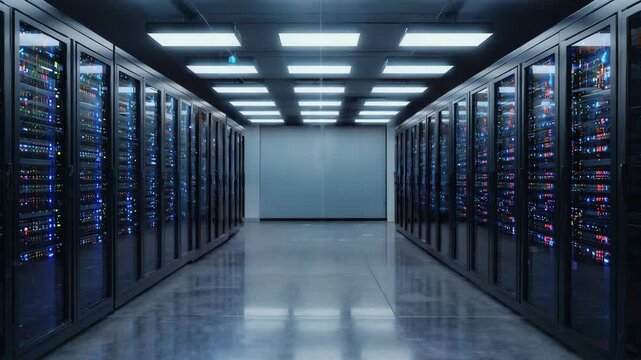 Futuristic server room with rows of servers and a holographic interface displaying global network data and performance metrics, providing advanced monitoring and control capabilities - Powered by Adobe