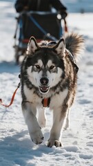 Naklejka premium A husky dog running in the snow, pulling a sled in a winter setting