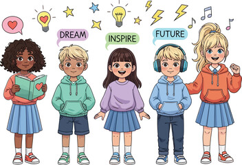 Diverse children embracing learning, dreams, and inspiration for a bright future