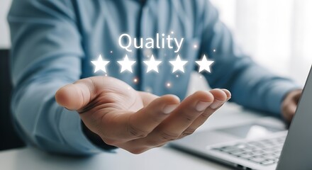 Businessman Offering Five-Star Quality Rating, Excellent Service, And Customer Satisfaction