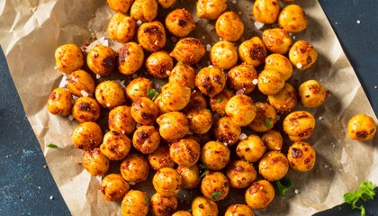 Healthy homemade spicy roasted chickpeas on crumpled parchment paper