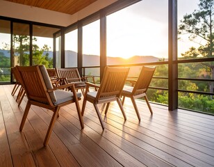 Wooden patio with mountain views at sunset