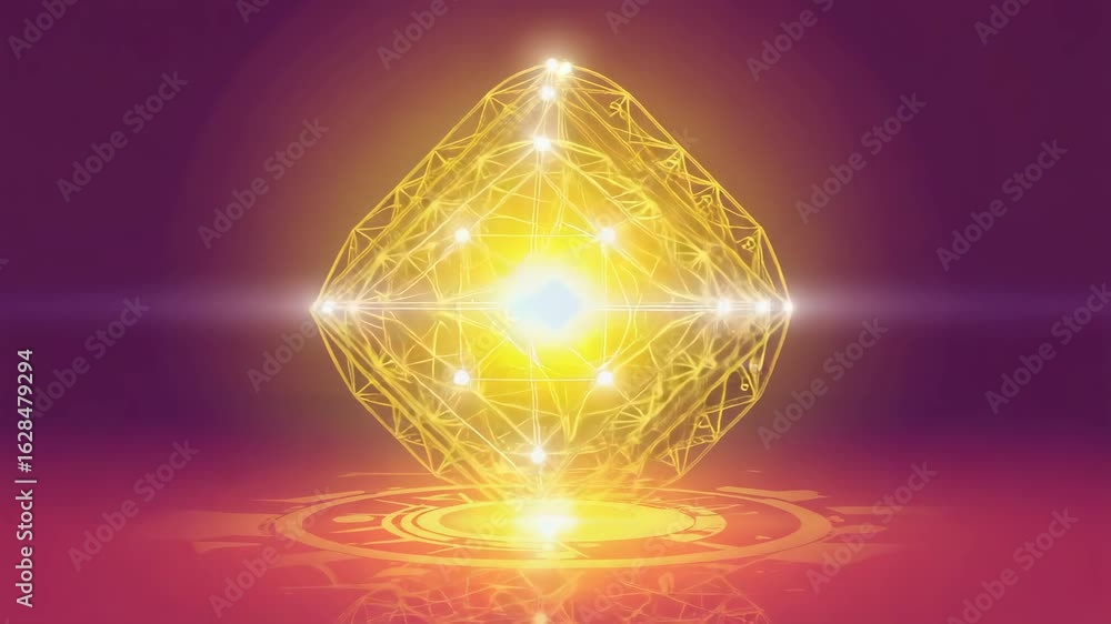 Poster floating above a circular platform, a complex geometric diamond shape formed by interconnected lines