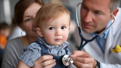 Healthcare Harmony: A gentle doctor examines a curious infant, held safely by a caring parent, creating a portrait of health and reassurance.  - Powered by Adobe