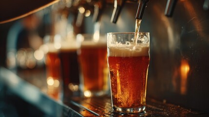 Crafting a Perfect Pour: Refreshing Lager Flowing from the Tap into a Glass at the Pub