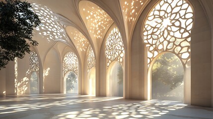 Interior view of a building with arched windows and light patterns on the floor and a tree on the side