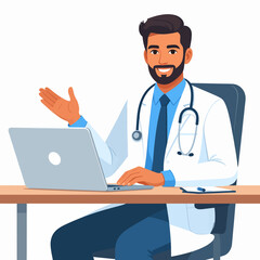 Friendly male doctor sits at a desk with a laptop, offering online medical advice. Vector illustration for telemedicine and healthcare.