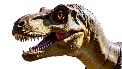Close up of a realistic tyrannosaurus rex dinosaur head with sharp teeth and glowing eyes