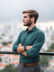 Fototapeta premium A young man with a beard and smartwatch stands on a balcony, gazing thoughtfully over a cityscape with cloudy skies.