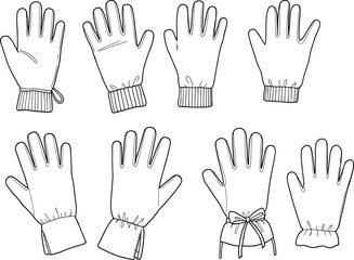 Cad drawing, flat vector illustration of gloves, winter glove collection, handwear set, fashion accessories, sketch design, line art, isolated, apparel template, outline gloves