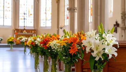 Naklejka premium Colorful floral arrangements in a church