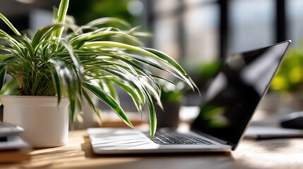 Modern workspace with laptop and houseplant