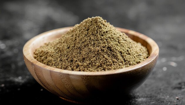 Finely ground cumin in a rustic wooden bowl, placed on a dark, moody background. The spice is golden-brown and powdery, with a soft, velvety texture. 