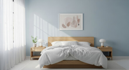 Wide shot of a modern minimalist bedroom with a pale blue accent wall, a wooden bed with white bedding, and abstract art, illuminated by soft natural light.

