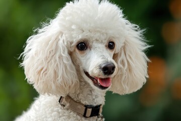 Playful White Poodle in a Lush Green Garden, Enjoying Time with Friends