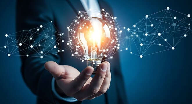 Businessman holding glowing light bulb with network connections in hand image photo