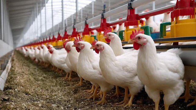 Modern Poultry Farm: A close-up shot of a broiler chicken house, showcasing the industrial process of feeding in a bright and efficient setting.