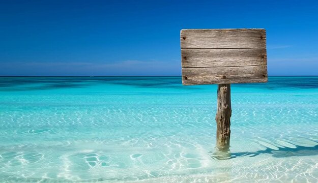 A rustic wooden signpost with a blank weathered wooden board standing in shallow crystal-clear turquoise water