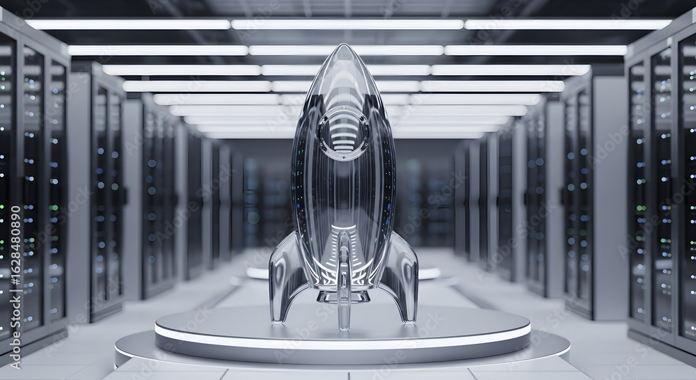 Poster a futuristic clear rocket stands ready for launch in a high-performance computing facility.