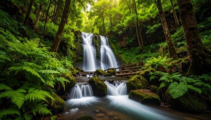 Twin-stream waterfall cascades into forest river—surrounded by ferns, mossy rocks, and sunlit greenery, creating a tranquil, lush sanctuary beneath a dense canopy.