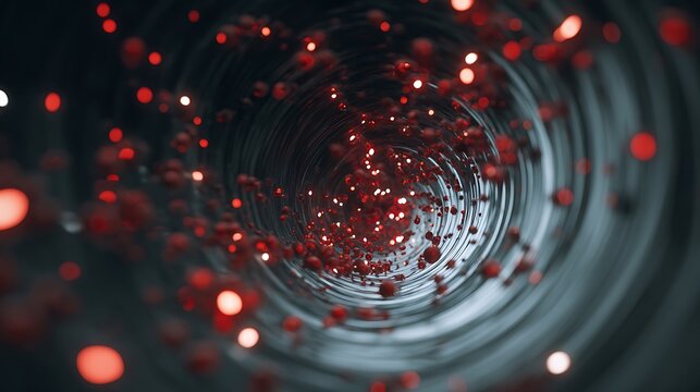 Blood cell in red vessel stream, medicine health science biology body human circulation flow system, medical care anatomy disease microscopic view