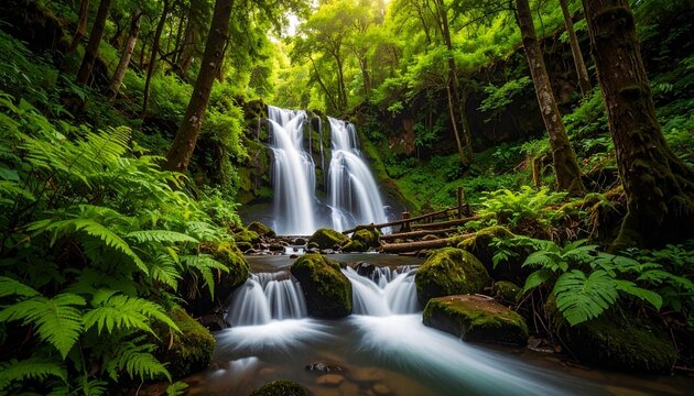 Twin-stream waterfall cascades into forest river—surrounded by ferns, mossy rocks, and sunlit greenery, creating a tranquil, lush sanctuary beneath a dense canopy.