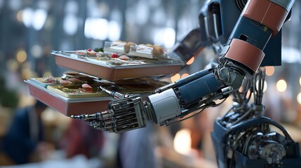A robotic arm delicately holds two trays of food in a blurred background