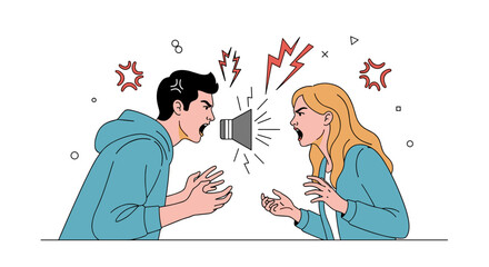 Young couple experiencing conflict argument shouting at each other in a heated dispute with intense emotions and disagreement