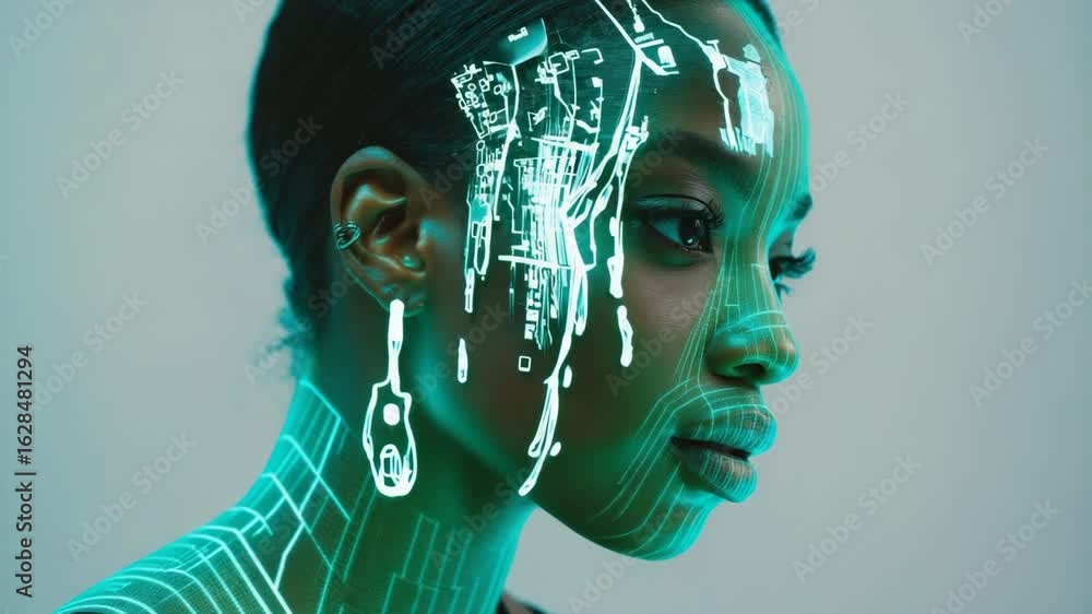 Poster profile of a serious young woman with futuristic glowing digital lines simulating a brain scan proje