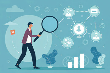 Businessman Following Data Analysis with Magnifying Glass