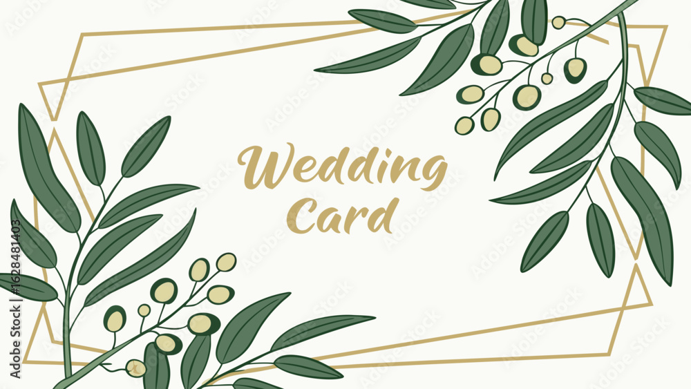 Poster wedding card design with olive branches and geometric frame element for invitation or greeting templ