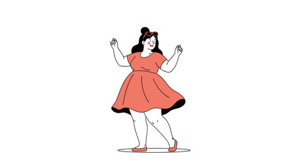 A groovy woman in a coral dress moves to the music with joyful abandon
