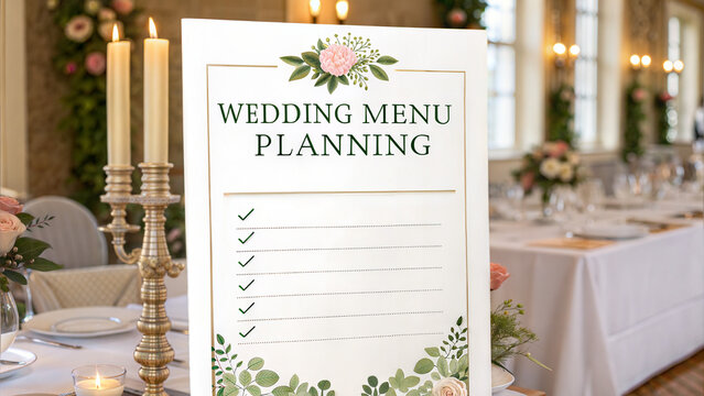 wedding menu planning sign displayed on a beautifully decorated table at a wedding reception