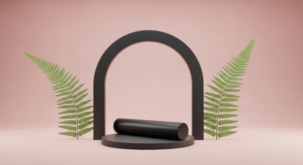 Sophisticated cosmetic display showcasing a sleek black cylinder on a minimal pedestal decorated