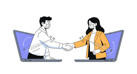 Business professionals connecting digitally through online collaboration and virtual agreement for global partnership