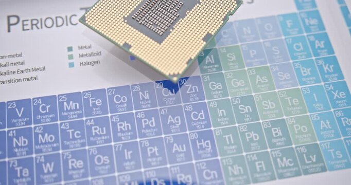 Semiconductor supply chain, rare metals or rare earth elements in U.S.-China trade war, tech war escalation via resource controls : A computer CPU chip placed over a periodic table of elements.