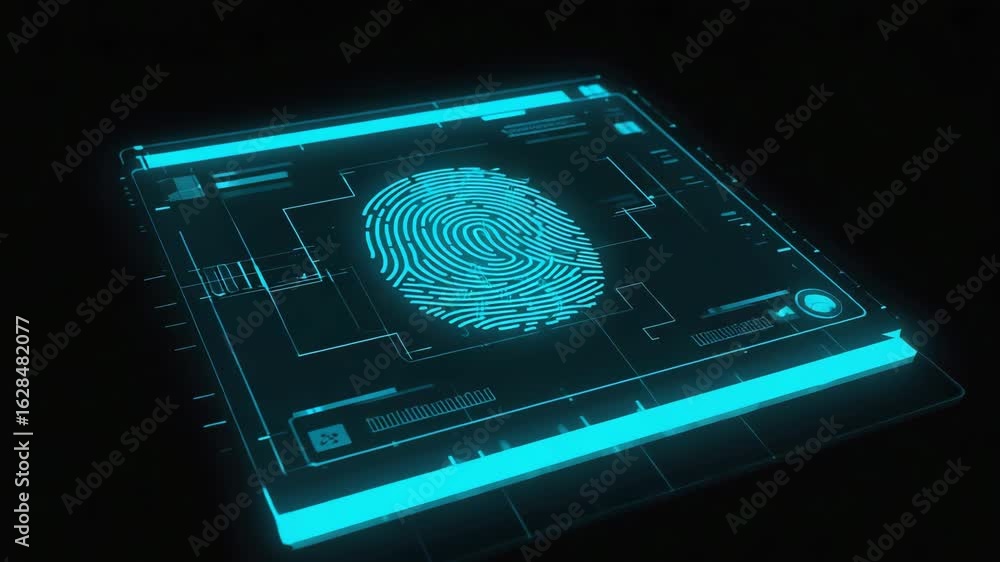 Poster futuristic fingerprint scanner is verifying identity on a digital interface, symbolizing cybersecuri
