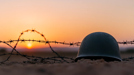 War's Aftermath: A poignant reminder of conflict, featuring a helmet and barbed wire against a serene sunset. A symbol of resilience and reflection.